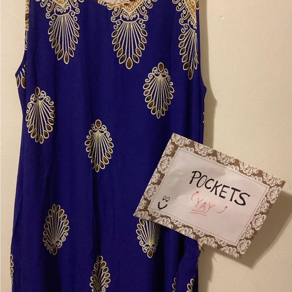 GM Fashion Sleeveless Blue Patterned Dress p2p~22” length: 50” with Pockets - Picture 6 of 10